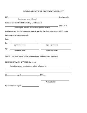 Occupancy Affidavit ADU Fairfaxcounty  Form