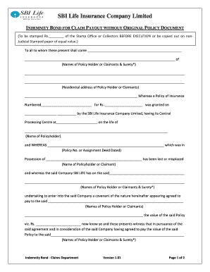 Indemnity Bond for Payout Without Original Policy  Form