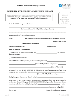 Sbi Life Indemnity Bond  Form