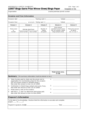 LG907 Bingo Game Prize Winner SheetBingo Paper Complete in Ink Mn  Form