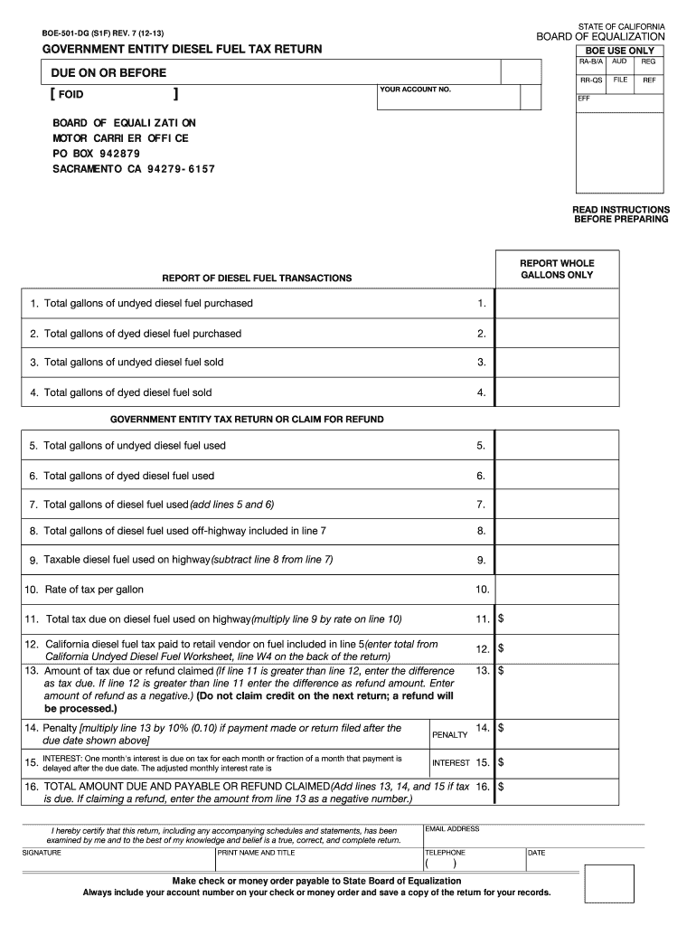  Government Entity Diesel Fuel Tax Return, BOE 501 DG  Board of    Boe Ca 2012