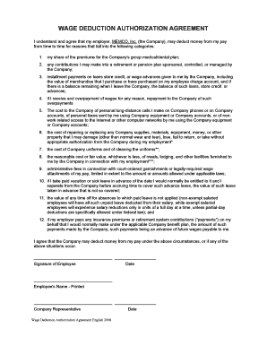 Wage Deduction Authorization Agreement  Form