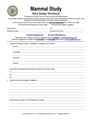 Mammal Study Merit Badge Worksheet  Form