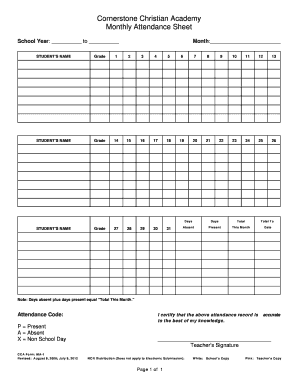 Cornerstone Christian Academy Monthly Attendance Sheet Ccahighdesert  Form