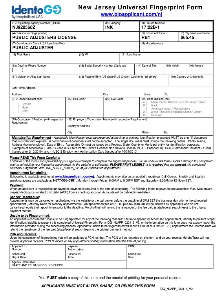 New Jersey Form Universal Fingerprint