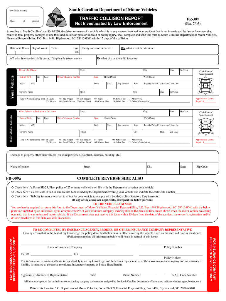 FR 309 Traffic Collision Report  Form