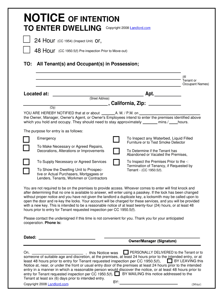 Landlord 24 Hour Notice to Enter Template  Form