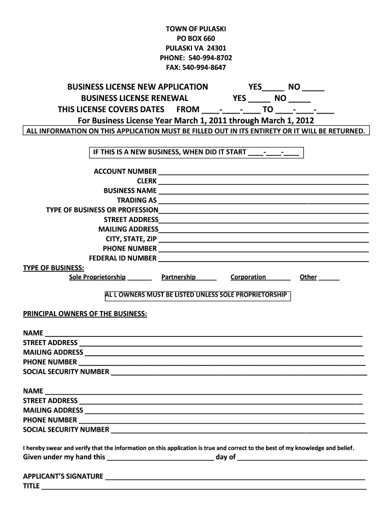 Business License New Application Yes No Town of Pulaski  Form