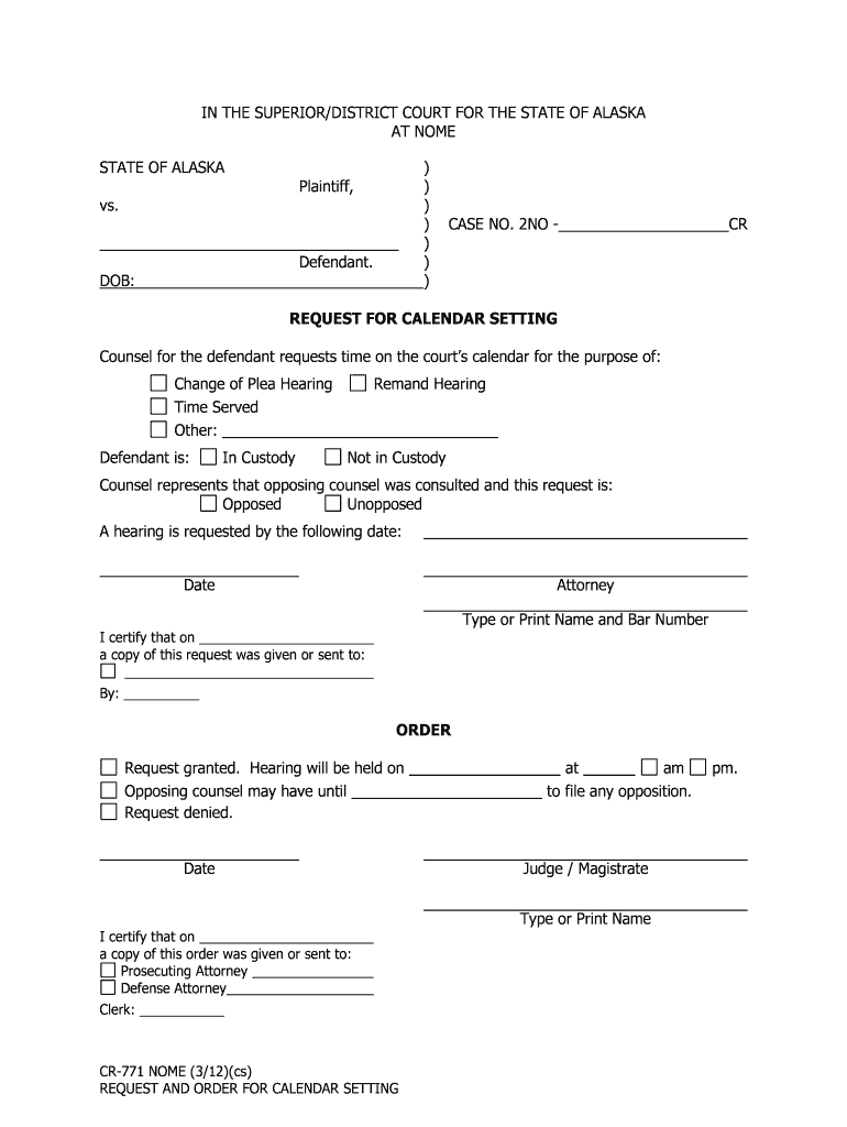 CR 771 NOME Request for Calendar Setting 312 PDF Fill in Criminal Forms