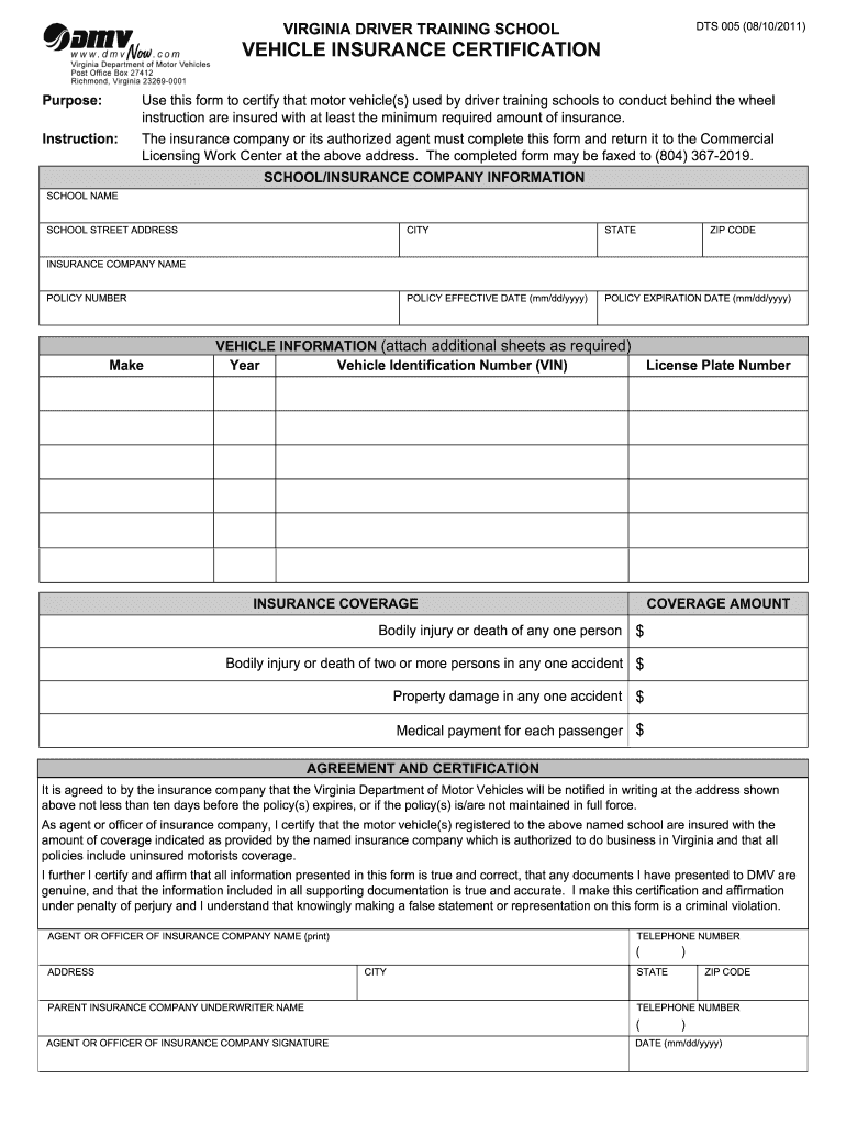 Vehicle Insurance Certification Form Dts 005