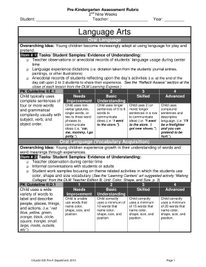 Pre Kindergarten Assessment Rubric 2nd Nine Weeks  Form