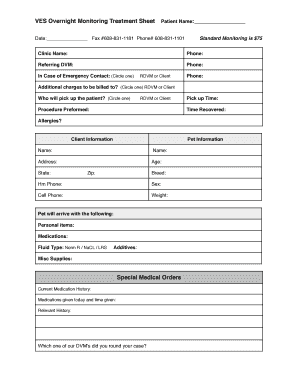 Veterinary Hospitalisation Sheet Template  Form