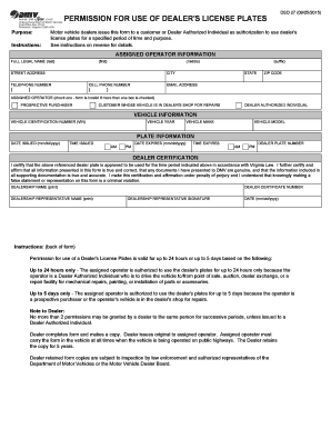 PERMISSION for USE of DEALER&#039;S LICENSE PLATES Dmv Virginia  Form