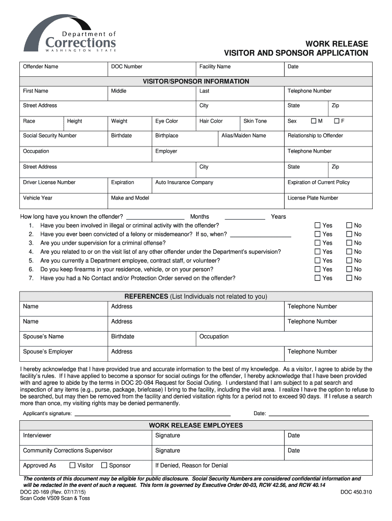 DOC Form 20 169, Work Release Visitor and Sponsor Application DOC Wa