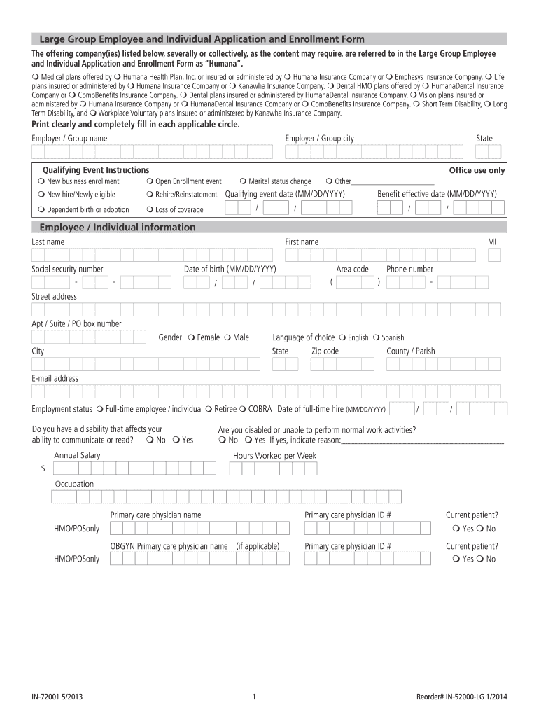  Large Group Employee and Individual Application and Enrollment Form the Offering Companyies Listed Below, Severally or Collectiv 2014