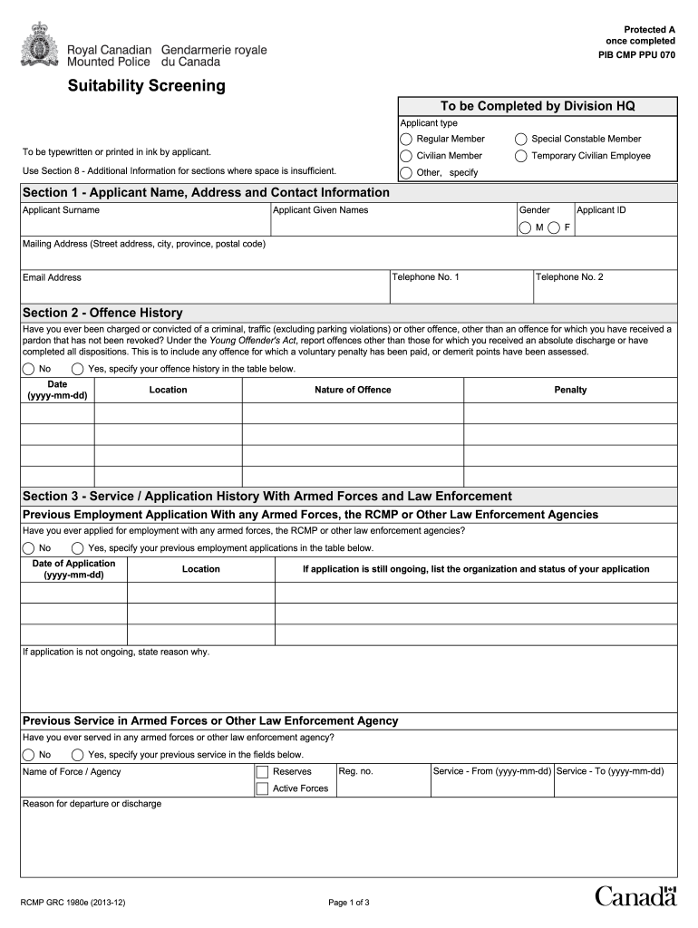  Suitability Screening Form Rcmp Grc 1980 2013