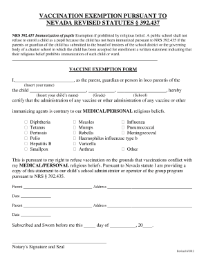 Vaccination Exemption Pursuant to Nevada Revised 392 437  Form