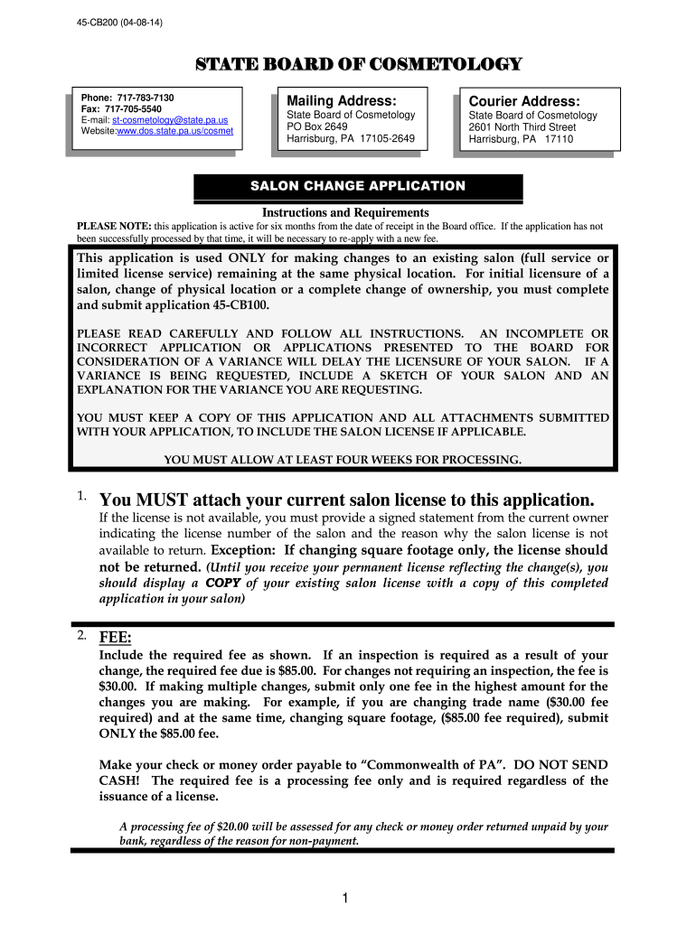  Application for Cosmetology Salon License  PA Gov 2014