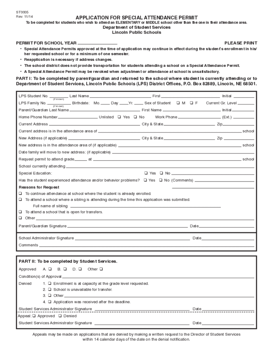 Application for Special Attendance Permit Lincoln Public Schools Lps  Form