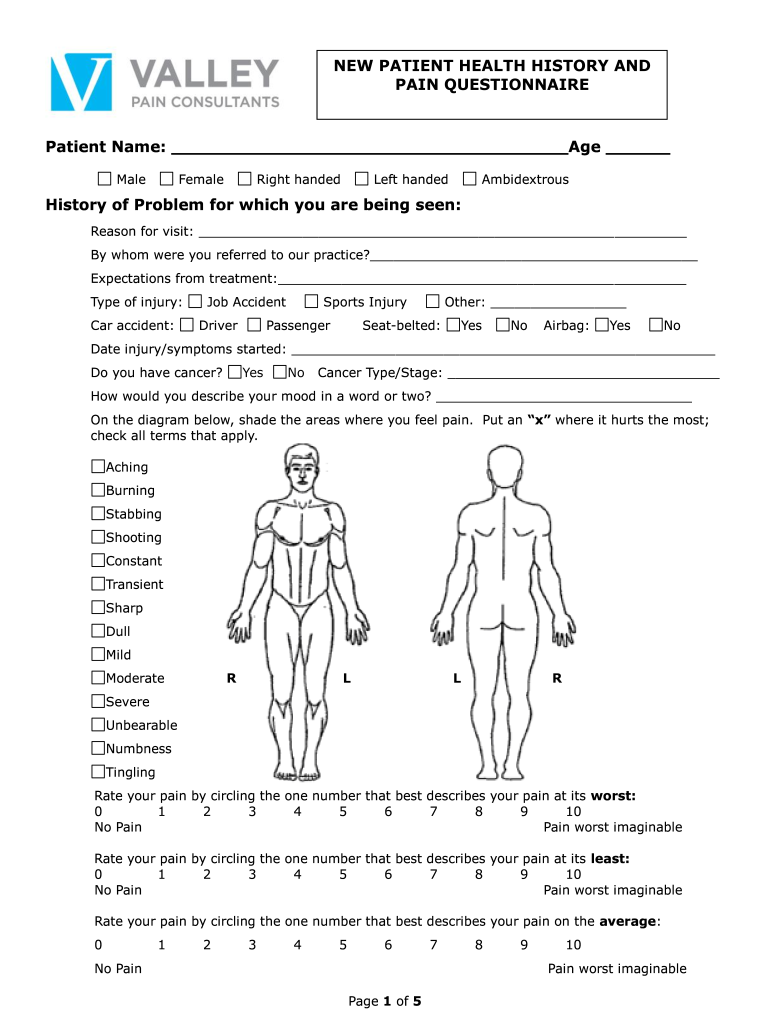 New Patient Pain Management Questionaire  Form