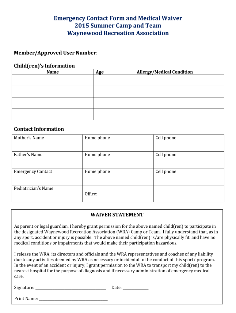  Emergency Contact Form and Medical Waiver Summer Camp Waynewoodrec 2015-2024