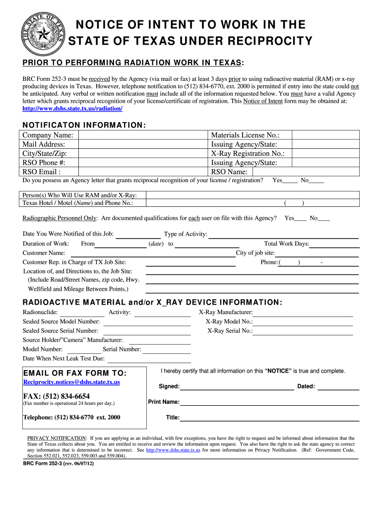  252 3 NOTICE of INTENT to WORK in the STATE of TEXAS under RECIPROCITY PRIOR to PERFORMING RADIATION WORK in TEXAS 2012-2024