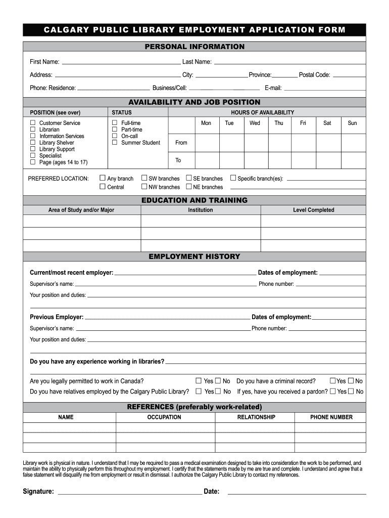 Library Employment Application Form