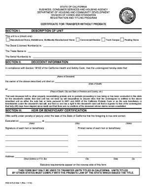Certificate for Transfer Without Probate California  Form