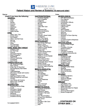 Patient History and Review of Systems 18 Years Lakeshore Clinic  Form