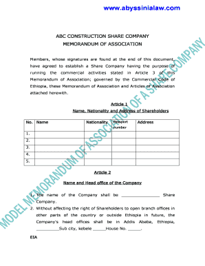 Model Memorandum of Association for a Share Company DOC  Form