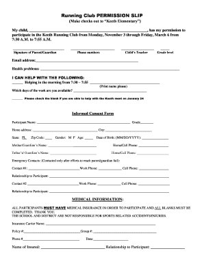 Running Club PERMISSION SLIP Keeth Elementary School Keeth Scps K12 Fl Form