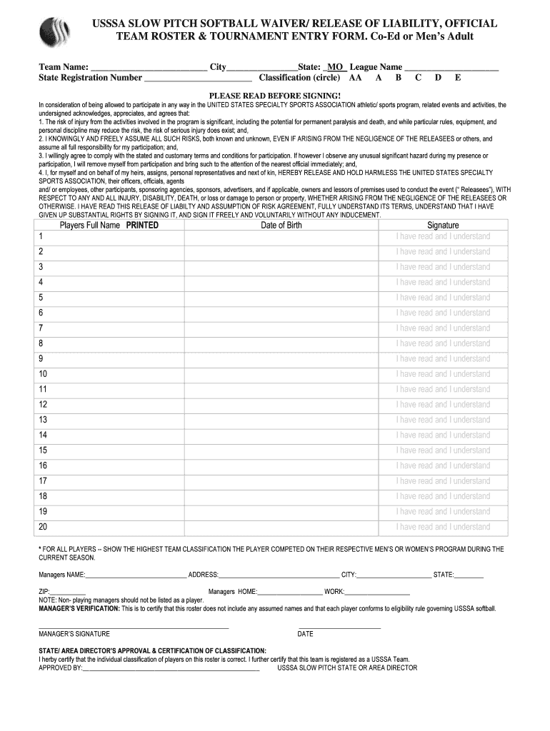 USSSA SLOW PITCH SOFTBALL WAIVER RELEASE of LIABILITY  Form