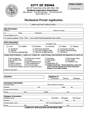 Mechanical Permit Application Edina, Minnesota Edinamn  Form