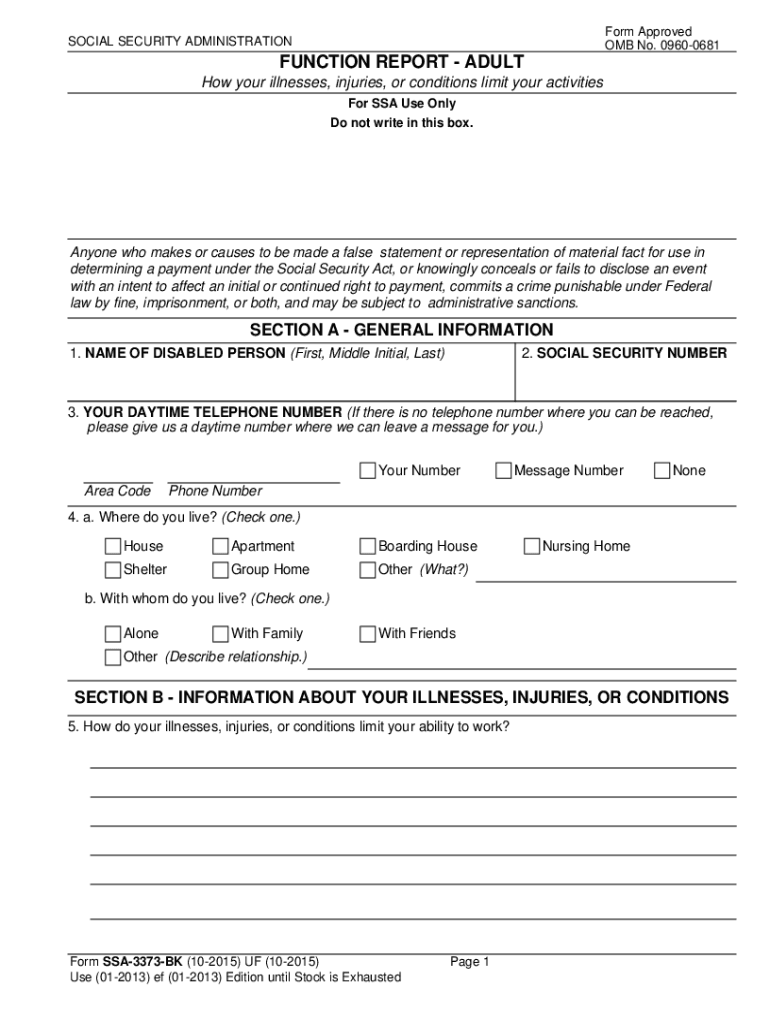 SSA 3373 BK Function Report Adult Ssa  Form