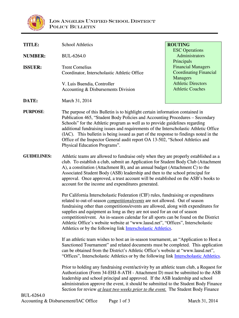  Athletic Fundraising Bulletin  Los Angeles Unified School District 2014-2024