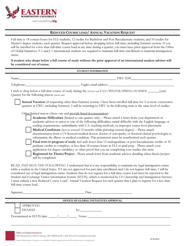  RCL Reduced Course Load Request Form EWU Global 2014-2024