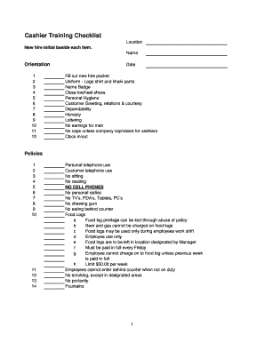Cashier Checklist  Form