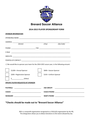 20142015 PLAYER SPONSORSHIP FORM Brevardsoccer