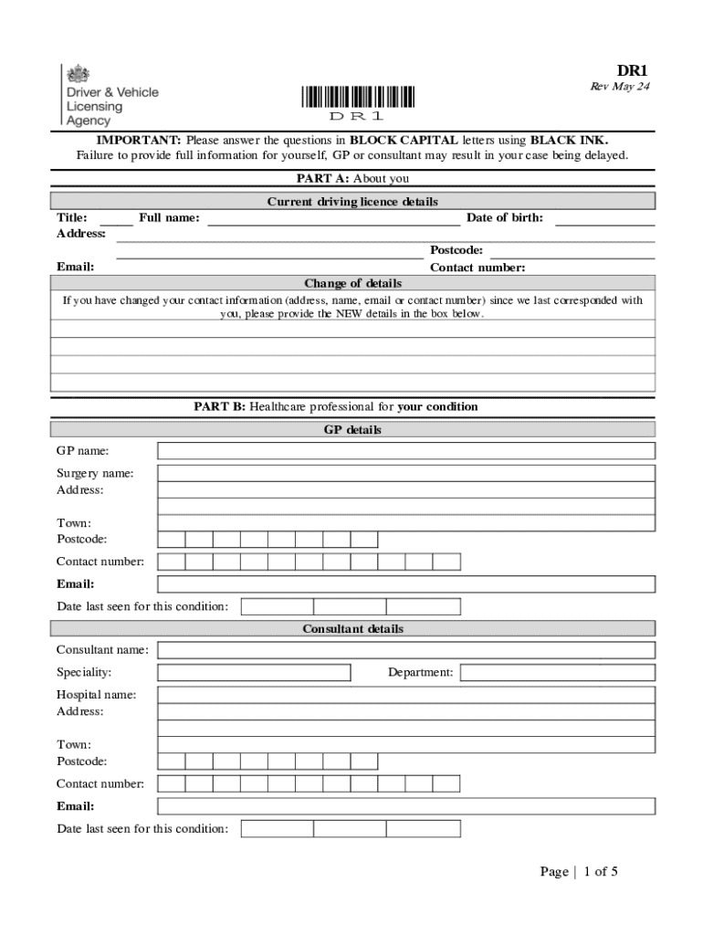 UK Driving Licence Medical Questionnaire DR1  Form