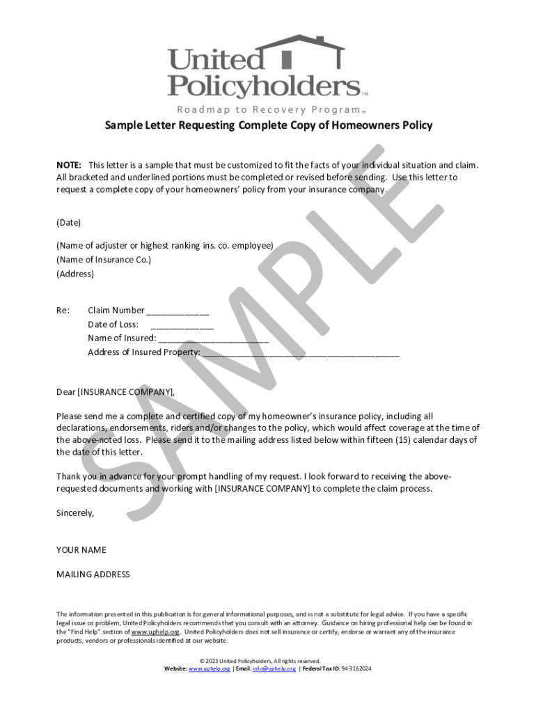 Sample Letter Requesting Complete Copy of Homeowners Policy  Form