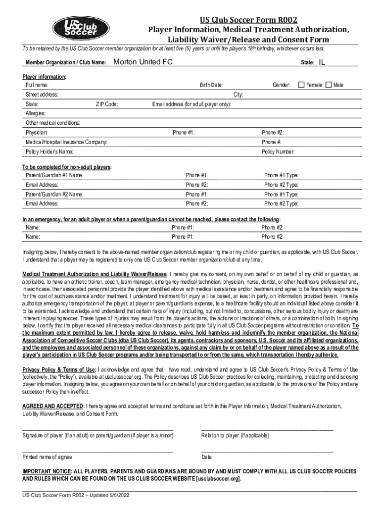 US Club Soccer Form R002