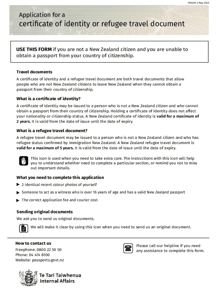 New Zealand Certificate of Identity or Refugee Travel Document Application  Form