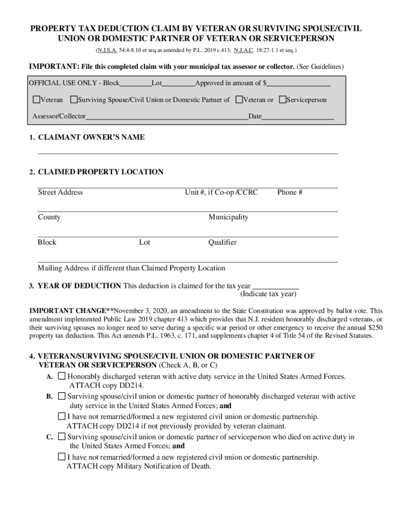 Property Tax Deduction Claim by Veteran or Surviving Spousecivil Union or Domestic Partner of Veteran or Serviceperson 2020-2025