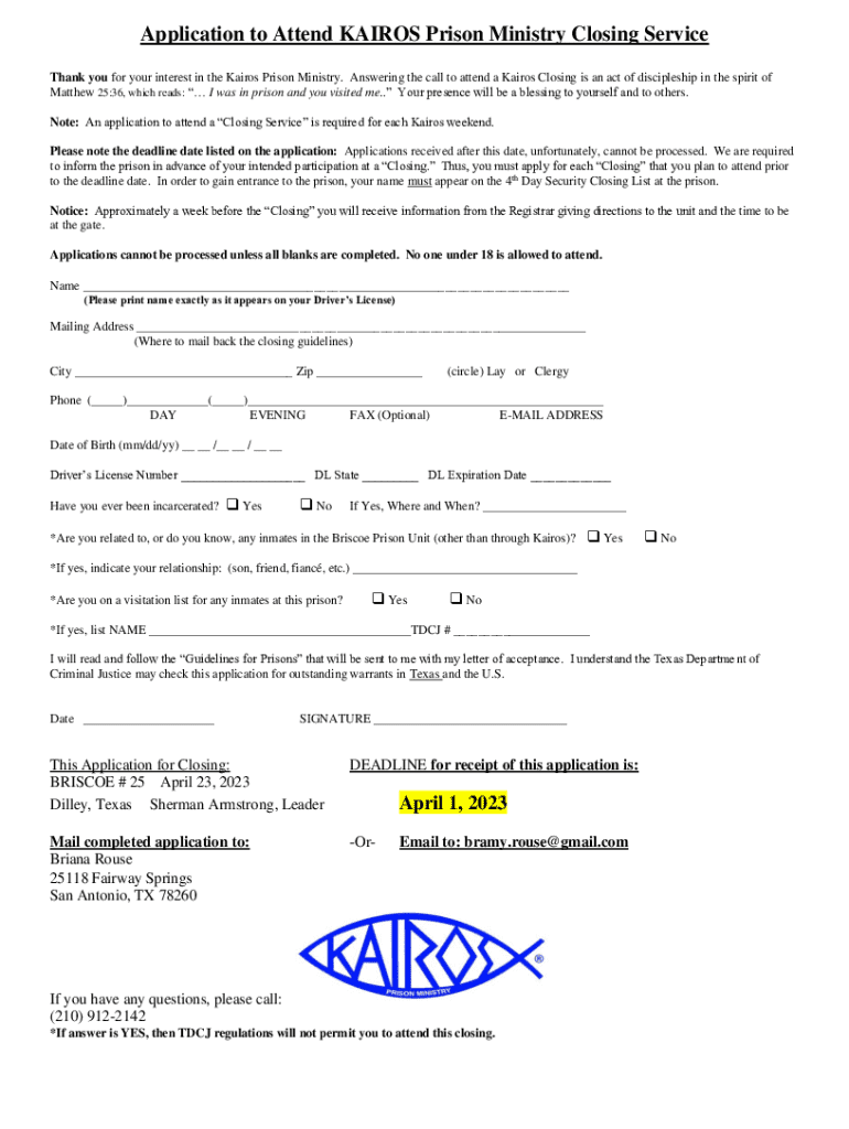 Kairos Prison Ministry Closing Service Application  Form