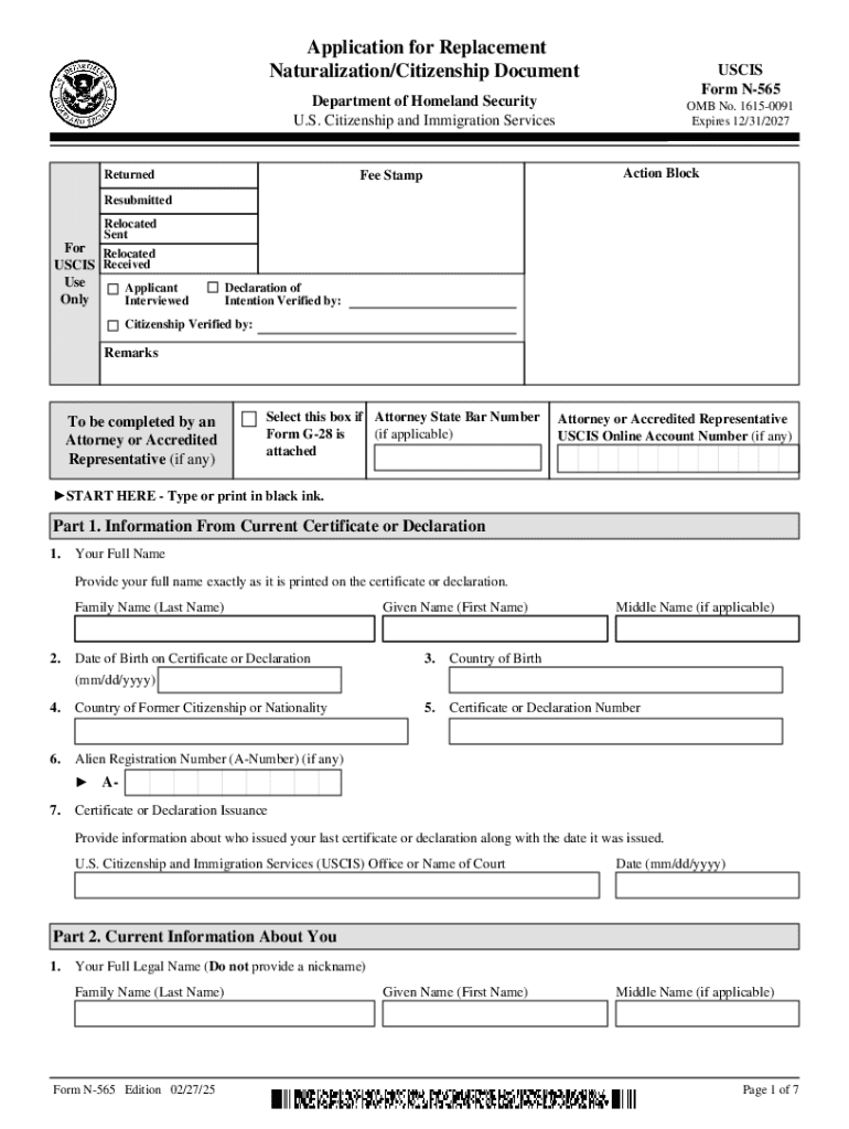 Form N 565, Application for Replacement NaturalizationCitizenship Document 2025