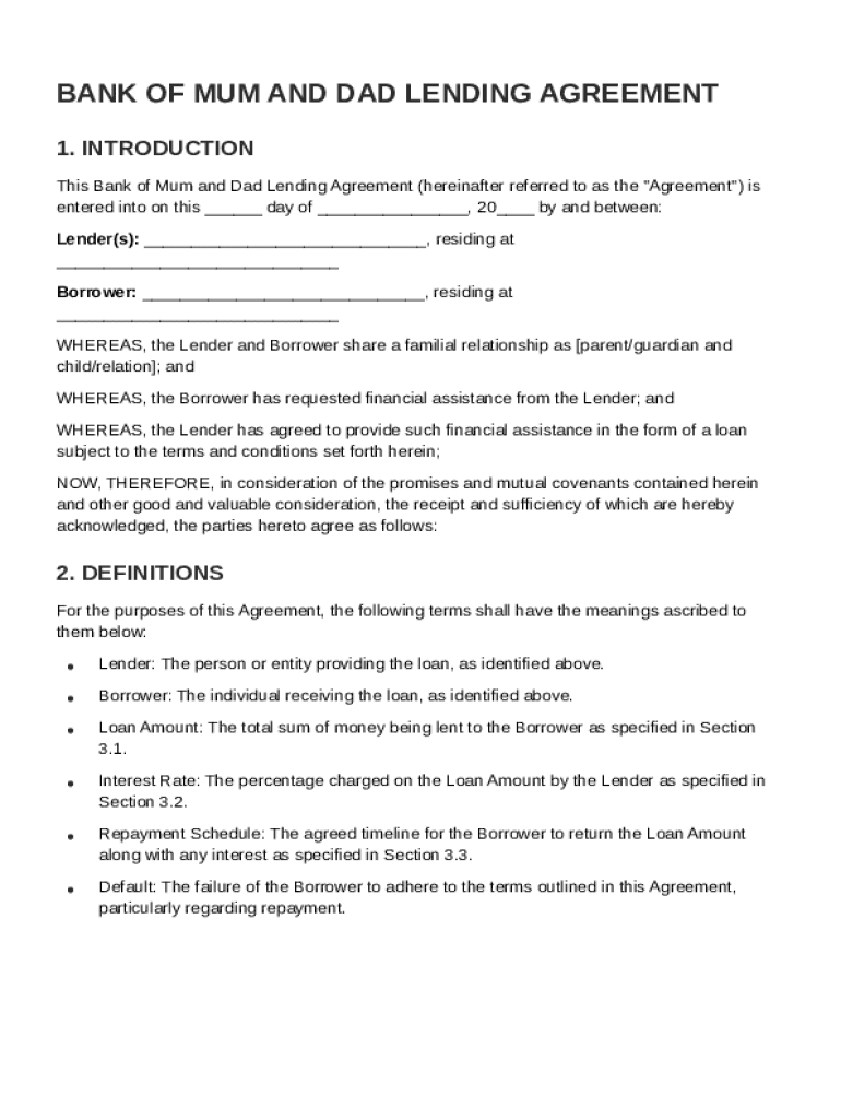 Bank of Mum and Dad Lending Agreement Template  Form