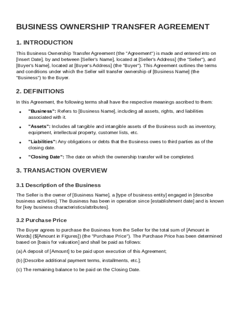 Business Ownership Transfer Agreement Template  Form