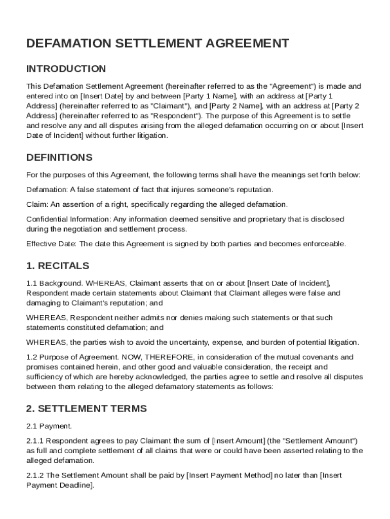 Defamation Settlement Agreement Template  Form