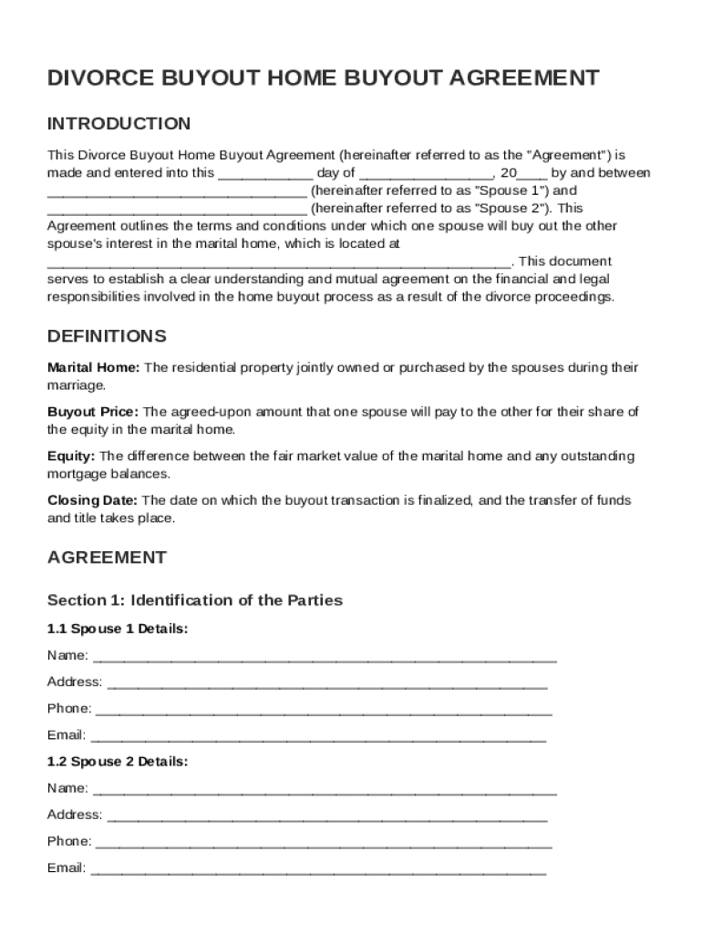 Divorce Buyout Home Buyout Agreement Template  Form