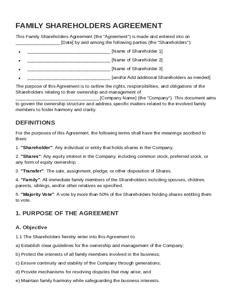 Family Shareholders Agreement Template  Form